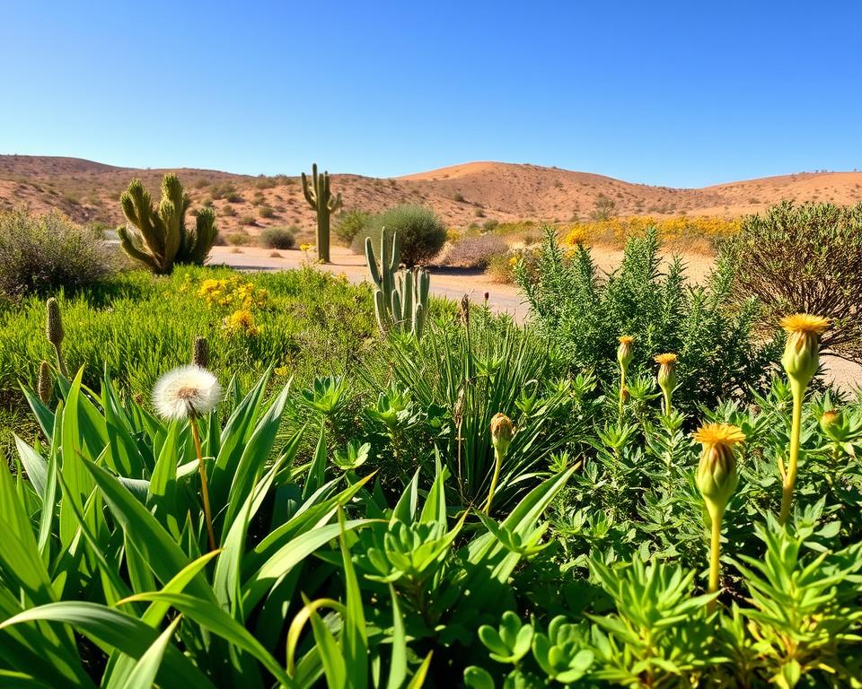 A vibrant display of native plants that are ideal for tortoise habitats, showcasing a variety of lush greenery in a natural setting. In the foreground, feature broad-leaved grasses and succulent herbs, such as dandelions and clover, suitable for a tortoise diet. The middle ground should include small flowering plants and low shrubs, creating a rich, diverse ecosystem. In the background, depict a sunlit desert landscape with gentle rolling hills and patches of wildflowers, under a clear blue sky. Use warm, natural lighting to enhance the vivid colors and detail of the plants, capturing a serene, inviting atmosphere. The angle should be slightly elevated, providing an expansive view of this harmonious foraging environment.