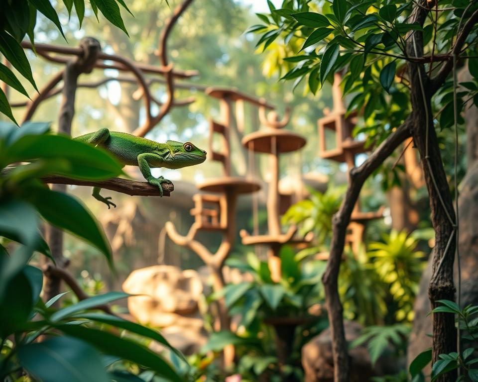 A vibrant scene depicting an arboreal reptile, such as a green tree python or chameleon, skillfully climbing intricate, sturdy structures made of natural elements like branches, vines, and rocks. In the foreground, focus on the reptile's vivid colors and delicate scales as it navigates through lush leaves. The middle ground features the cleverly designed climbing structures, showcasing various heights and angles for the reptile’s enjoyment, complemented by an assortment of plant life. The background presents a softly blurred natural enclosure, bathed in warm, diffused sunlight filtering through the canopy, creating a serene and inviting atmosphere. Capture this moment with a slight low-angle view to emphasize the reptile's majestic movement and the design of the enclosure, highlighting an immersive and naturalistic setting. A vibrant scene depicting an arboreal reptile, such as a green tree python or chameleon, skillfully climbing intricate, sturdy structures made of natural elements like branches, vines, and rocks. In the foreground, focus on the reptile's vivid colors and delicate scales as it navigates through lush leaves. The middle ground features the cleverly designed climbing structures, showcasing various heights and angles for the reptile’s enjoyment, complemented by an assortment of plant life. The background presents a softly blurred natural enclosure, bathed in warm, diffused sunlight filtering through the canopy, creating a serene and inviting atmosphere. Capture this moment with a slight low-angle view to emphasize the reptile's majestic movement and the design of the enclosure, highlighting an immersive and naturalistic setting.