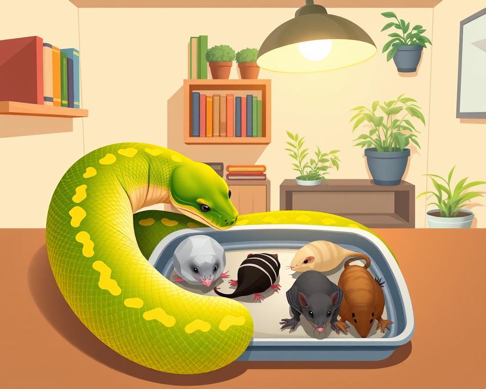 A visually appealing and educational illustration depicting a snake diet plan focused on "What to Feed My Snake: Live vs. Frozen." In the foreground, a large, vivid green and yellow ball python is coiled around a small tray showcasing an assortment of food options: a frozen mouse, a live mouse, and a couple of small birds. The middle ground features a clean, well-organized reptile habitat, with a heat lamp providing bright, warm lighting that highlights the textures of the snake's scales. In the background, shelves display books on snake care and a terrarium with plants, creating a warm, inviting atmosphere. The angle is slightly above eye level, providing a clear view of the snake and its food. The mood is informative and calm, ideal for pet owners researching dietary options for their snakes.