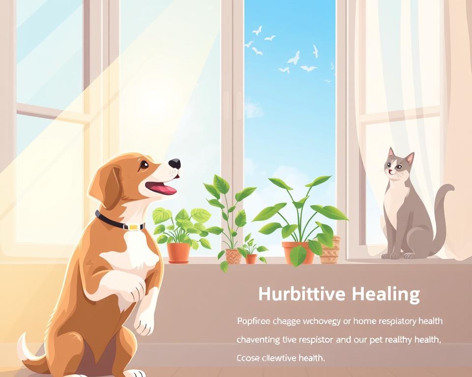 A visually engaging illustration focused on pet respiratory health, featuring a healthy, playful dog and a serene cat in a bright, cozy home environment. In the foreground, the dog is enjoying a gentle breeze from an open window, with sunlight streaming through, casting warm, inviting light. The cat, perched on a windowsill, observes the scene with contentment. In the middle, plants and air-purifying elements are strategically placed, symbolizing clean air and healthy living. The background showcases a clear blue sky visible through the window, enhancing the sense of freshness. The mood is uplifting and informative, highlighting the importance of preventative measures for pet respiratory health, emphasizing care and a nurturing atmosphere. A visually engaging illustration focused on pet respiratory health, featuring a healthy, playful dog and a serene cat in a bright, cozy home environment. In the foreground, the dog is enjoying a gentle breeze from an open window, with sunlight streaming through, casting warm, inviting light. The cat, perched on a windowsill, observes the scene with contentment. In the middle, plants and air-purifying elements are strategically placed, symbolizing clean air and healthy living. The background showcases a clear blue sky visible through the window, enhancing the sense of freshness. The mood is uplifting and informative, highlighting the importance of preventative measures for pet respiratory health, emphasizing care and a nurturing atmosphere.