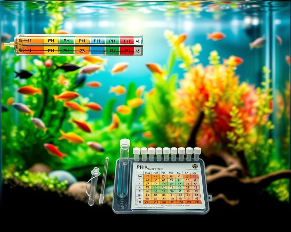 A visually engaging illustration of pH levels in aquarium water treatment. In the foreground, a clear glass aquarium filled with vibrant fish swimming among lush aquatic plants. Brightly colored pH test strips hover above the water, with labeled color indicators showing different pH levels. In the middle ground, a detailed close-up view of a water testing kit, with pipettes, vials, and a pH chart displayed prominently. The background features blurred outlines of aquatic décor like rocks and driftwood, illuminated by soft, natural lighting, creating a serene and tranquil atmosphere. The angle is slightly overhead to capture the entire scene, evoking a sense of wonder about the underwater ecosystem.