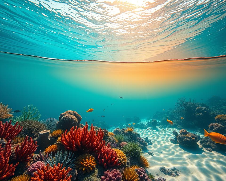 A visually striking image illustrating the concept of temperature gradient diversity in aquatic systems, showcasing a vibrant underwater scene. In the foreground, close-up views of diverse aquatic flora and fauna with varying colors indicating temperature zones, such as warm coral reefs in reds and oranges and cooler algae in greens and blues. In the middle ground, a transition of thermal layers in the water, blending from warmer hues at the top to cooler shades below, with subtle currents depicted. The background features sunlight filtering through the surface, creating shimmering patterns on the sand below. Employ dynamic lighting to enhance the contrast between warm and cool areas, and use a wide-angle perspective to capture the rich diversity. The overall atmosphere should evoke a sense of wonder and complexity in aquatic ecosystems.