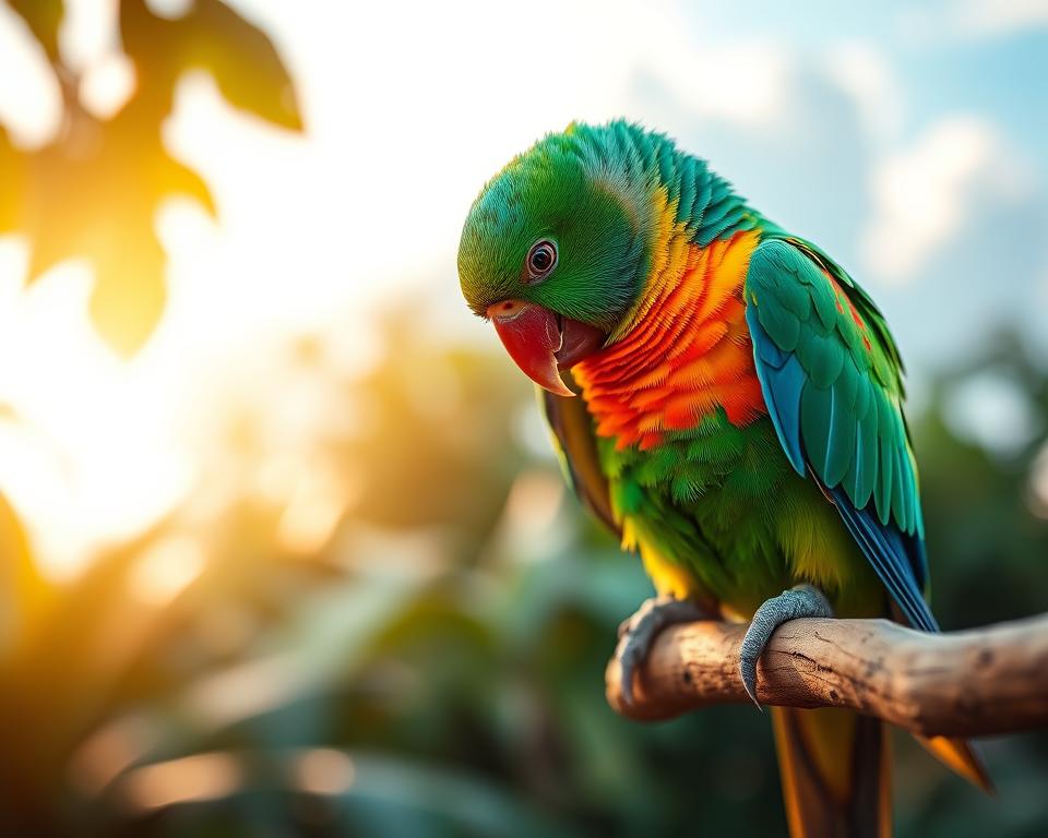 A vivid scene of a colorful parakeet perched on a natural wooden branch, meticulously preening its vibrant feathers. In the foreground, focus closely on the bird's delicate beak, engaged in grooming as it carefully adjusts its plumage. The middle ground features a soft-focus blend of lush greenery, hinting at a serene outdoor environment. The background fades softly into a gentle bokeh effect, showcasing hints of sky blue and fluffy white clouds. Golden hour lighting bathes the scene, creating a warm, inviting atmosphere that highlights the texture of the bird's feathers. The overall mood is peaceful, showcasing the beauty of avian self-care. A vivid scene of a colorful parakeet perched on a natural wooden branch, meticulously preening its vibrant feathers. In the foreground, focus closely on the bird's delicate beak, engaged in grooming as it carefully adjusts its plumage. The middle ground features a soft-focus blend of lush greenery, hinting at a serene outdoor environment. The background fades softly into a gentle bokeh effect, showcasing hints of sky blue and fluffy white clouds. Golden hour lighting bathes the scene, creating a warm, inviting atmosphere that highlights the texture of the bird's feathers. The overall mood is peaceful, showcasing the beauty of avian self-care.
