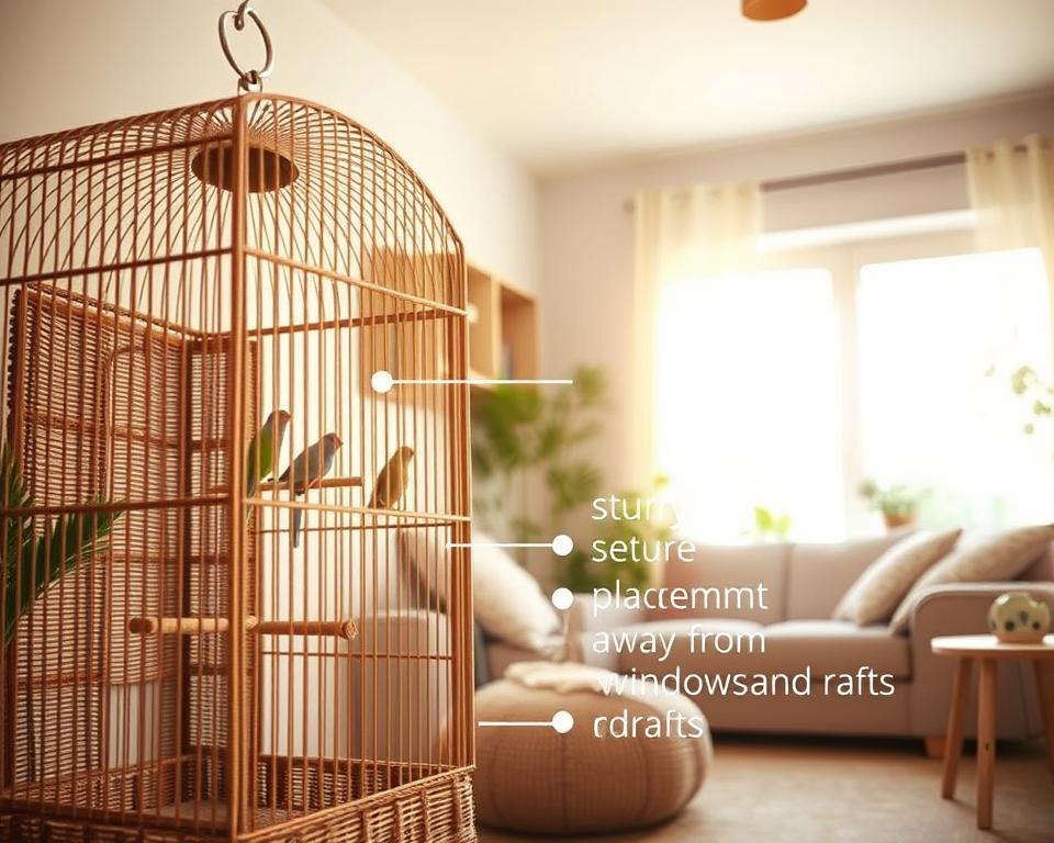 A well-lit interior space showcasing an optimal bird cage positioned securely in a corner. In the foreground, the bird cage is a spacious, woven enclosure featuring natural materials, complete with perches and toys inside. The middle ground captures a clear view of safety features, such as sturdy metal locks and secure placements away from windows and drafts. Bright, warm light filters through the nearby window, creating a cozy atmosphere that emphasizes the cage's importance in the home. In the background, soft furnishings and plants add a touch of liveliness. The overall mood is peaceful and secure, highlighting the importance of bird cage safety in a welcoming environment. The image captures a slightly angled perspective, enhancing depth while ensuring clarity. A well-lit interior space showcasing an optimal bird cage positioned securely in a corner. In the foreground, the bird cage is a spacious, woven enclosure featuring natural materials, complete with perches and toys inside. The middle ground captures a clear view of safety features, such as sturdy metal locks and secure placements away from windows and drafts. Bright, warm light filters through the nearby window, creating a cozy atmosphere that emphasizes the cage's importance in the home. In the background, soft furnishings and plants add a touch of liveliness. The overall mood is peaceful and secure, highlighting the importance of bird cage safety in a welcoming environment. The image captures a slightly angled perspective, enhancing depth while ensuring clarity.