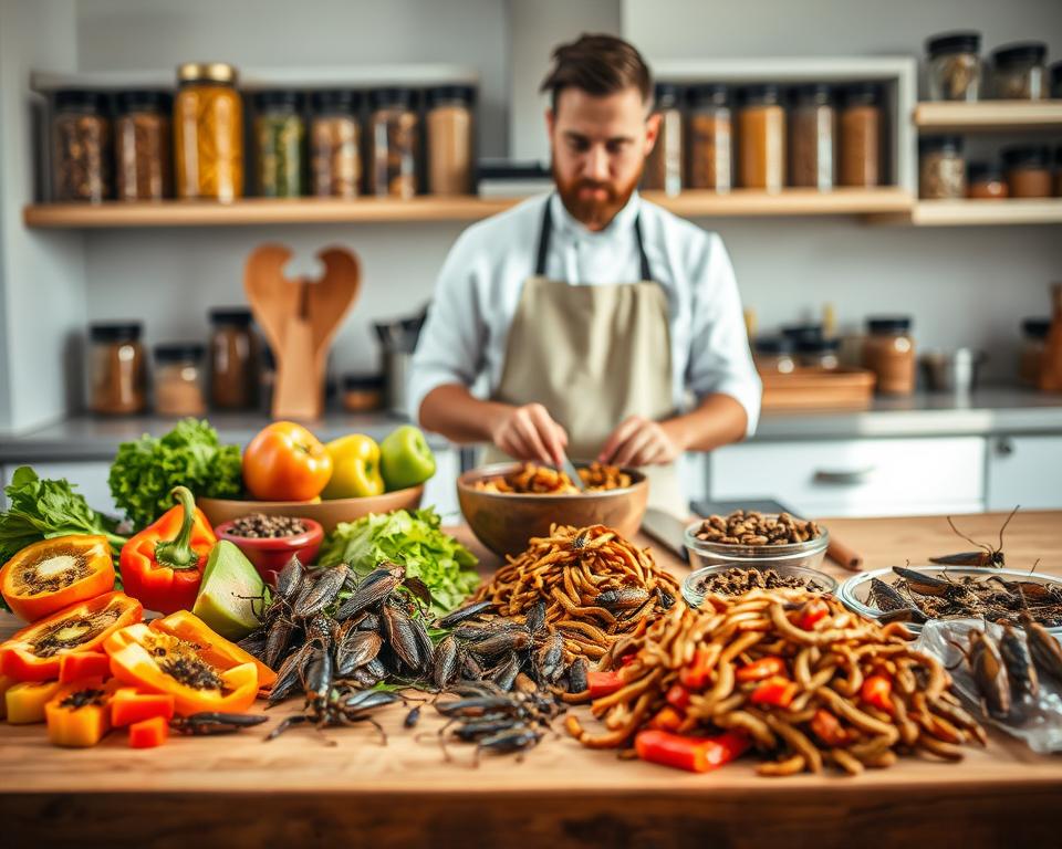 A well-organized kitchen countertop set for insectivore meal prep, featuring an array of nutritious insects, including crickets, mealworms, and grasshoppers laid out artistically. In the foreground, a wooden cutting board displays freshly chopped vegetables like bell peppers and leafy greens, alongside vibrant bowls of insect protein. The middle ground showcases a professional chef, dressed in a crisp white apron and utilitarian attire, thoughtfully preparing an insectivore dish with a focused expression. In the background, shelves filled with jars of dried insects and spices add depth. Soft, natural lighting gently illuminates the scene, creating a warm and inviting atmosphere, while a shallow depth of field emphasizes the meal prep details.