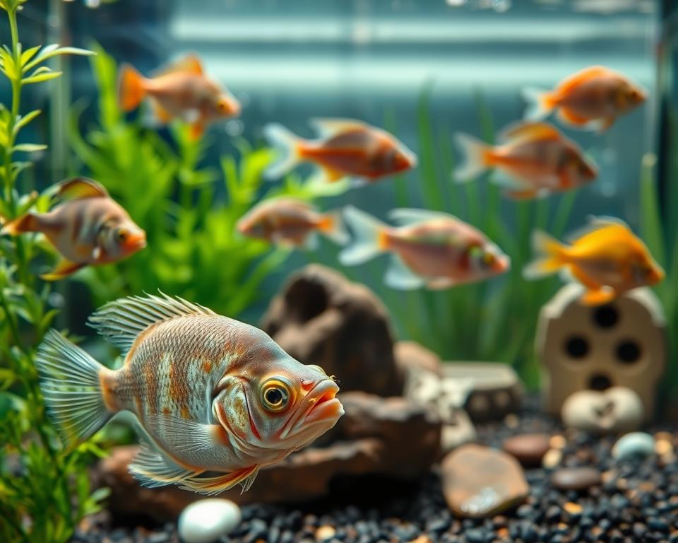 An aquarium scene depicting various signs of sick fish, showcasing individual fish with symptoms such as frayed fins, unusual swimming patterns, and visible sores or lesions. In the foreground, a close-up of a distressed fish clings to a plant near the aquarium substrate, displaying faded colors and a cloudy eye. In the middle ground, additional fish can be seen exhibiting signs of stress, like lethargy and isolation, contrasted against healthy fish that are swimming normally. The background features aquatic plants and decorative pebbles, enhancing the environment. The lighting is soft and natural, emulating sunlight filtering through the water. The overall mood is somber and educational, emphasizing the importance of recognizing fish health indicators. The image is taken from a slightly elevated angle, providing a clear view of both sick and healthy fish amidst their habitat.
