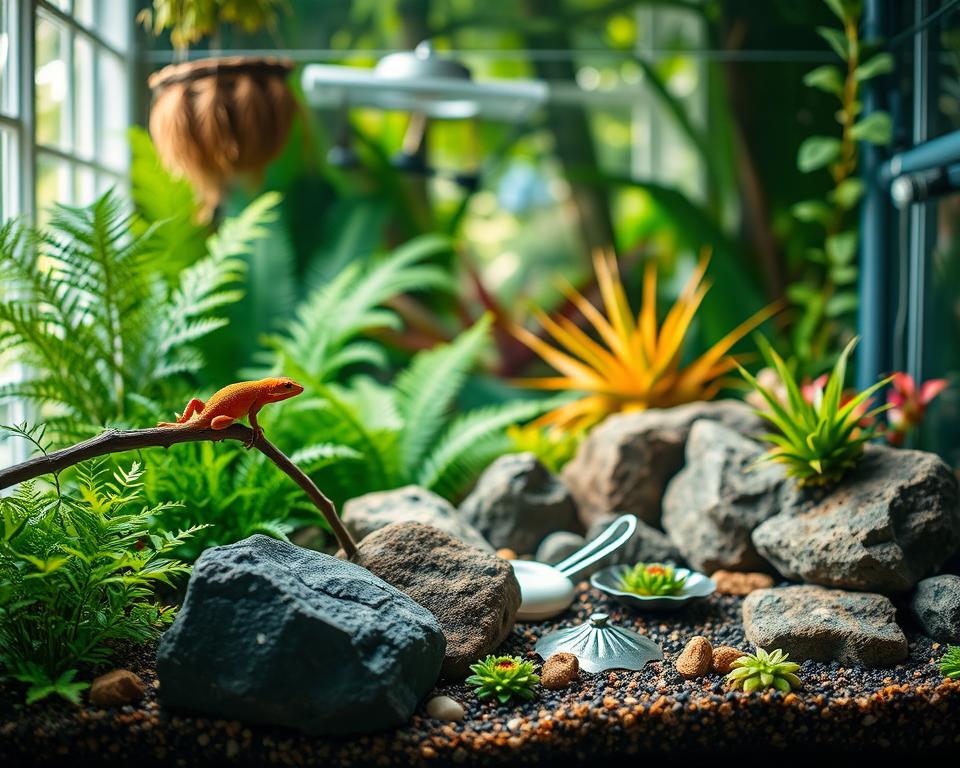A beautifully arranged terrarium designed for exotic pets, showcasing a variety of vibrant plants, rocks, and substrate textures. In the foreground, a small, colorful reptile, such as a gecko, is climbing on a branch, while in the middle, a lush, green background features ferns and tropical plants, highlighting a moist and inviting habitat. The background transitions into a blurred view of a sunny window, allowing natural light to enhance the colors and details within the terrarium. The atmosphere is warm and inviting, reflecting a peaceful home for exotic pets. The image captures the intricate details of the terrarium setup, including feeding stations and maintenance tools, conveying care and attention in this unique ecosystem. The composition is shot at a slight angle to create depth and interest, utilizing soft lighting to emphasize textures and colors.