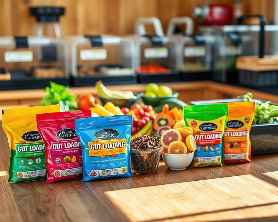 A bright, well-lit image featuring an array of commercial gut loading products arranged neatly on a wooden table. In the foreground, include colorful packages of gut loading formulas, emphasizing nutritional content with vibrant labels and eye-catching designs. In the middle, show several bowls filled with various gut loading ingredients like colorful fruits and vegetables, creating a visually appealing mix. In the background, introduce a blurred display of insect breeding equipment, such as enclosures and feeding trays, subtly hinting at their use. Use natural lighting to create a warm and inviting atmosphere, with soft shadows enhancing the textures. The focus should convey professionalism and care for pet nutrition, making it relevant to the theme of optimal insect gut loading. A bright, well-lit image featuring an array of commercial gut loading products arranged neatly on a wooden table. In the foreground, include colorful packages of gut loading formulas, emphasizing nutritional content with vibrant labels and eye-catching designs. In the middle, show several bowls filled with various gut loading ingredients like colorful fruits and vegetables, creating a visually appealing mix. In the background, introduce a blurred display of insect breeding equipment, such as enclosures and feeding trays, subtly hinting at their use. Use natural lighting to create a warm and inviting atmosphere, with soft shadows enhancing the textures. The focus should convey professionalism and care for pet nutrition, making it relevant to the theme of optimal insect gut loading.