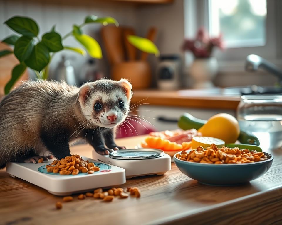 A cheerful scene depicting a healthy ferret weighing itself on a small, colorful scale in a cozy kitchen setting. In the foreground, the ferret is engaged and curious, with its nose nearly touching the scale. The middle ground features a variety of nutritious ferret food options displayed on a wooden countertop, including high-protein kibble and fresh fruits. In the background, soft natural lighting filters through a window, illuminating a leafy plant and a bowl of water, evoking a warm and inviting atmosphere. The composition captures the importance of managing ferret weight in a gentle, informative manner, with a focus on health and well-being. The lens should capture the scene from a slightly elevated angle, giving a clear view of both the ferret and its food options.