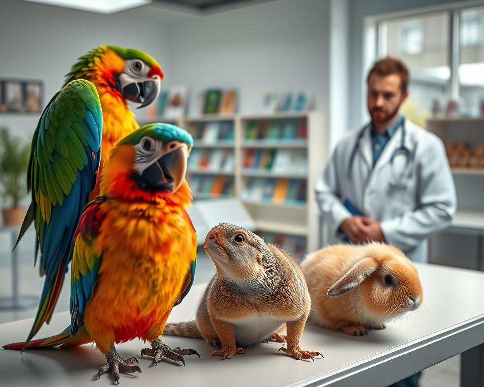 A clean and modern veterinary clinic setting, focusing on an array of exotic pets such as a colorful parrot, a small reptile, and a fluffy rabbit on an examination table. The foreground features a veterinarian in a professional white coat examining the parrot, while the reptile is observed closely, highlighting common health issues like feather plucking and lethargy. In the middle ground, a welcoming waiting area showcases shelves filled with pet care brochures. The background captures soft ambient lighting filtering through large windows, enhancing a calm and caring atmosphere. The image is shot from a slightly elevated angle to provide a comprehensive view of the veterinary scene. The overall mood is one of professionalism, care, and awareness of unique pet health needs. A clean and modern veterinary clinic setting, focusing on an array of exotic pets such as a colorful parrot, a small reptile, and a fluffy rabbit on an examination table. The foreground features a veterinarian in a professional white coat examining the parrot, while the reptile is observed closely, highlighting common health issues like feather plucking and lethargy. In the middle ground, a welcoming waiting area showcases shelves filled with pet care brochures. The background captures soft ambient lighting filtering through large windows, enhancing a calm and caring atmosphere. The image is shot from a slightly elevated angle to provide a comprehensive view of the veterinary scene. The overall mood is one of professionalism, care, and awareness of unique pet health needs.