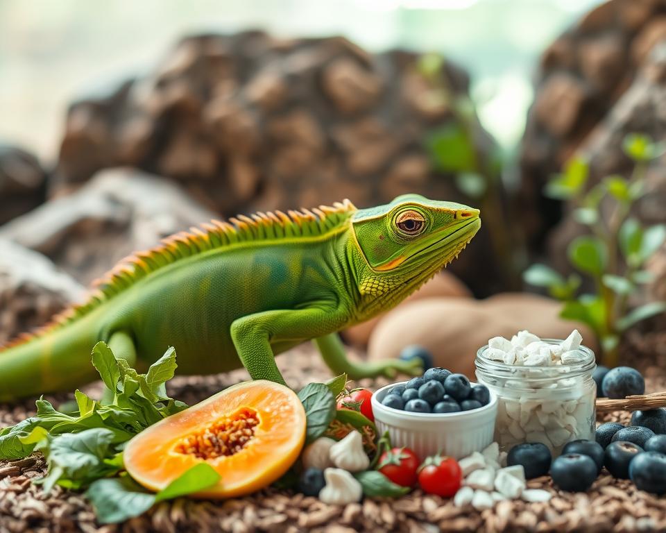 A close-up shot of a vibrant green reptile, such as a chameleon or iguana, actively shedding its skin, with fresh, healthy scales underneath. In the foreground, display a variety of nutritious foods, such as leafy greens, fruits like papaya and blueberries, and calcium supplements, arranged artistically to emphasize the importance of diet. The middle ground features a textured habitat with rocks and plants, showcasing a natural environment. Soft, diffused natural light filters through from one side, creating a warm and inviting atmosphere. The background is slightly blurred to keep focus on the reptile and the food, suggesting a serene and healthy environment for shedding. Aim for a close focus that highlights the intricate details of the reptile's skin and the vibrant colors of the nutrition presented.