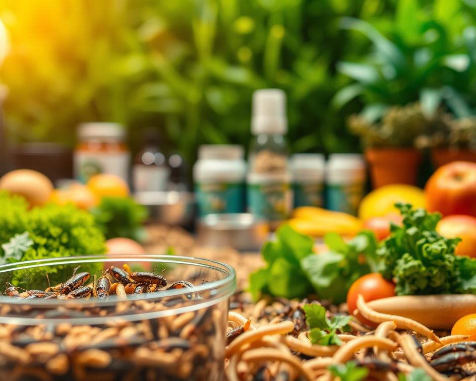 A close-up shot of a vibrant pet care setup, showcasing a variety of gut-loaded insects like crickets and mealworms in a well-lit, natural setting. In the foreground, a clear feeding container holds the insects, surrounded by fresh greens and colorful fruits, emphasizing their nutritional value. In the middle, a well-organized area displays pet care supplies, such as bowls and supplements, reflecting the integration of gut-loaded insects into pet diets. The background features soft-focus greenery, simulating a lively garden environment. The lighting is warm and inviting, creating a sense of health and vitality, with a shallow depth of field to draw attention to the insects and their surroundings. The overall mood is informative and engaging, highlighting optimal pet nutrition in a serene atmosphere. A close-up shot of a vibrant pet care setup, showcasing a variety of gut-loaded insects like crickets and mealworms in a well-lit, natural setting. In the foreground, a clear feeding container holds the insects, surrounded by fresh greens and colorful fruits, emphasizing their nutritional value. In the middle, a well-organized area displays pet care supplies, such as bowls and supplements, reflecting the integration of gut-loaded insects into pet diets. The background features soft-focus greenery, simulating a lively garden environment. The lighting is warm and inviting, creating a sense of health and vitality, with a shallow depth of field to draw attention to the insects and their surroundings. The overall mood is informative and engaging, highlighting optimal pet nutrition in a serene atmosphere.