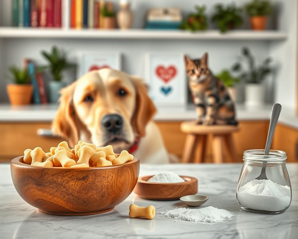 A close-up view of a vibrant pet-friendly kitchen countertop featuring a variety of natural calcium supplements designed for dogs and cats. In the foreground, an attractive wooden bowl filled with calcium chews, shaped like bones and fish, glistens under soft, warm lighting. Beside it, a small glass jar displays powdered calcium and a spoon, inviting curiosity. In the middle ground, a playful golden retriever pets its nose on the counter, with a curious tabby cat observing from a nearby stool. The background shows soft focus shelves with pet health books and potted plants, adding a homely touch. The overall atmosphere is inviting and educational, highlighting the importance of calcium for pets.