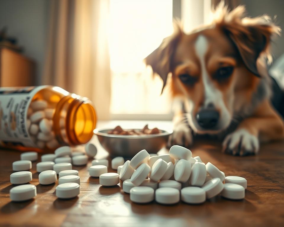 A close-up view of an array of calcium supplement tablets for pets, some partially spilled from an open bottle onto a wooden surface. In the foreground, depict a concerned pet dog, with fur slightly ruffled, showcasing signs of discomfort like slightly drooped ears and a worried expression. In the middle, place a small bowl containing scattered uneaten pet food, hinting at potential digestive side effects. In the background, a sunlit window casts a soft, warm light over the scene, creating a peaceful yet somber atmosphere. The overall mood should be informative yet cautionary, emphasizing the importance of monitoring pets when taking supplements. The composition should use a shallow depth of field to focus on the supplements and the dog's expression, creating a sense of intimacy and concern.