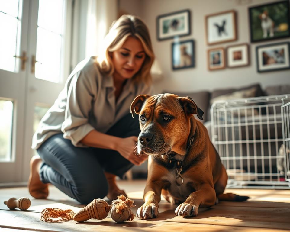 A concerned pet owner, dressed in modest casual clothing, kneels beside a visibly stressed dog in a cozy living room setting. The dog has a furrowed brow and pinned ears, surrounded by subtle signs of stress: a chewed toy and a slightly opened crate. Sunlight streams through a window, casting soft, warm light that enhances the emotional atmosphere of concern. In the background, a wall with framed pet photos provides a loving touch. The focus is on the interaction between the owner and the dog, capturing the owner's gentle demeanor and the dog's anxious posture. This intimate moment emphasizes the importance of recognizing pet stress and seeking professional help, evoking a mood of care and empathy. A concerned pet owner, dressed in modest casual clothing, kneels beside a visibly stressed dog in a cozy living room setting. The dog has a furrowed brow and pinned ears, surrounded by subtle signs of stress: a chewed toy and a slightly opened crate. Sunlight streams through a window, casting soft, warm light that enhances the emotional atmosphere of concern. In the background, a wall with framed pet photos provides a loving touch. The focus is on the interaction between the owner and the dog, capturing the owner's gentle demeanor and the dog's anxious posture. This intimate moment emphasizes the importance of recognizing pet stress and seeking professional help, evoking a mood of care and empathy.