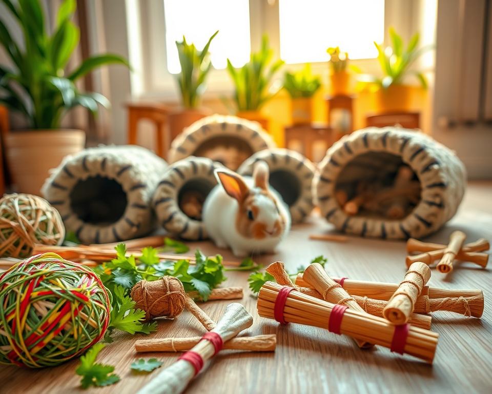 A cozy indoor setting showcasing various foraging toys for rabbits, arranged on a soft, natural wood surface. In the foreground, colorful woven grass balls, wooden chew sticks, and fresh parsley, all enticingly scattered. In the middle, plush hay-filled tunnels and puzzle feeders designed for foraging, with a curious, fluffy rabbit exploring one of the toys. In the background, warm, natural lighting filters through a window, creating a soft glow that enhances the inviting atmosphere. A few potted plants subtly frame the scene, adding a touch of greenery. Aim for a close-up perspective to captivate viewers, evoking a sense of joy and enrichment for small mammals.