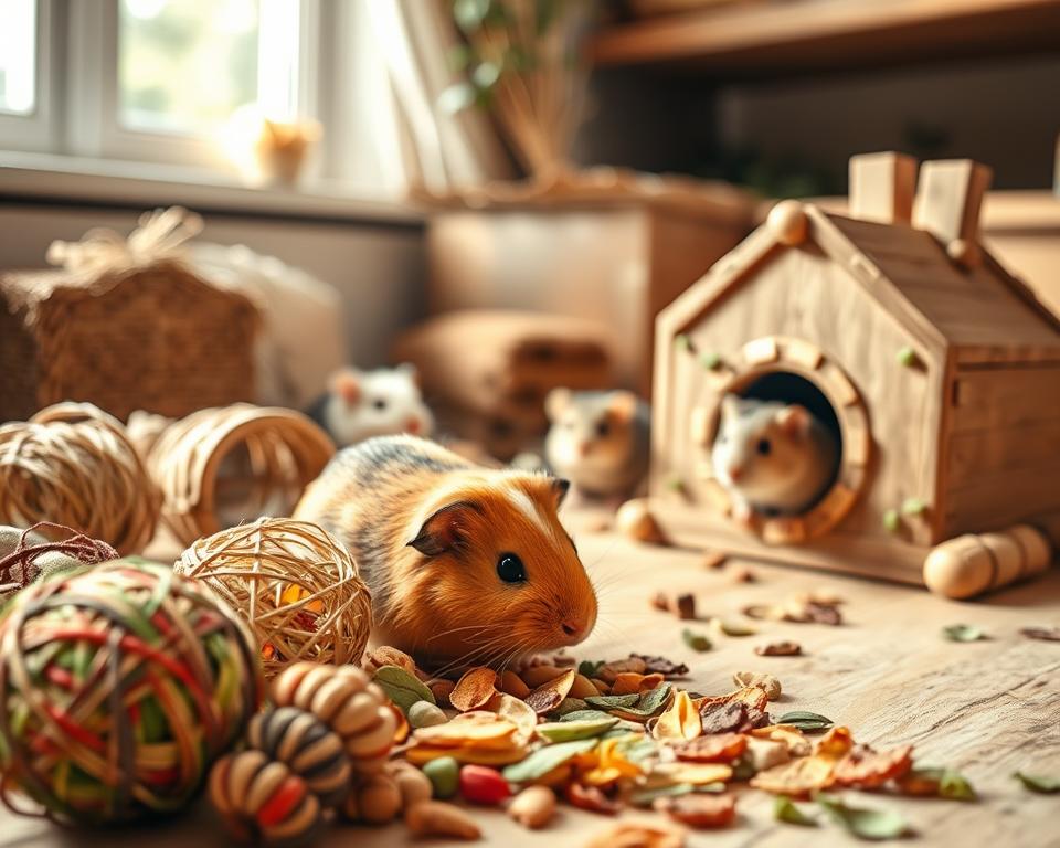 A cozy interior scene showcasing natural foraging toys for small pets, such as woven grass balls, wooden tunnels, and dried vegetable treats. In the foreground, a curious guinea pig interacts with a colorful assortment of these toys, sniffing and exploring. The middle ground features playful hamsters peeking out from a small, rustic wooden hideaway adorned with tiny leaf-strewn details. In the background, soft natural light filters through a window, casting gentle shadows and creating a warm, inviting atmosphere. The setting is rich with earthy tones, highlighting the safe and enriching environment for small mammals. The image captures a moment of joy and exploration, emphasizing the engaging and stimulating nature of these toys without any text or distractions.