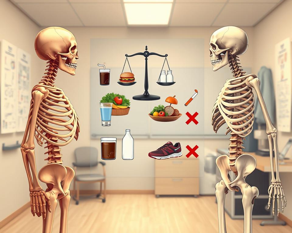 A detailed anatomical illustration depicting various risk factors for bone disease. In the foreground, a healthy human skeleton on one side contrasting with an aging skeleton showing signs of osteoporosis on the other. In the middle ground, diverse visual representations of risk factors: a scale with unhealthy foods like soda and fast food on one side and healthy foods such as leafy greens and dairy products on the other; a pair of athletic shoes symbolizing physical activity; and crosses illustrating smoking and excessive alcohol use. The background features a serene, softly lit medical examination room with anatomical charts and models, promoting a calm and informative atmosphere. The lighting should be warm and inviting, showcasing the clarity of details, while the angle is slightly tilted to maintain an engaging perspective.