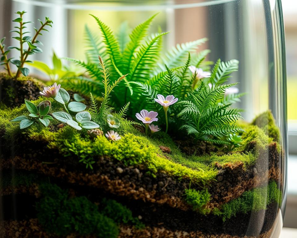 A detailed bioactive terrarium setup showcasing vibrant layers of live plants, moss, and small critters like isopods in the foreground. In the middle, include a variety of lush ferns and delicate flowers peeking through the substrate, illustrating the interaction between the plants and the natural soil blend. The background should be a hint of soft, natural light filtering through a glass top, creating a warm, inviting atmosphere. Use a macro lens effect to capture intricate details of the substrate composition and small ecosystem, enhancing the sense of depth. The mood should feel serene and balanced, evoking a sense of harmony with nature. Ensure no text or watermarks are present in the image.