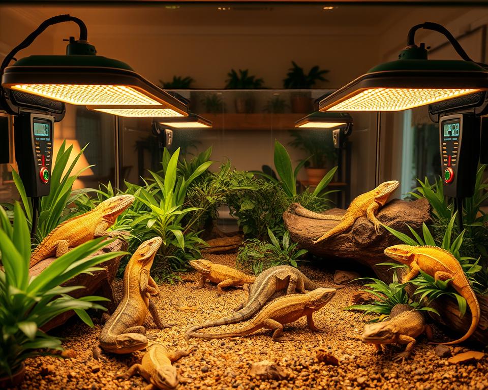 A detailed reptile habitat featuring a well-organized heating setup. In the foreground, a thermoregulated enclosure with a variety of reptiles basking under precisely positioned heat lamps. The middle ground contains a mix of lush green plants and natural substrates, showcasing different habitat zones like cool, warm, and hot spots. The background displays a well-lit room simulating a comfortable environment, with warm, diffuse lighting casting soft shadows, creating a serene atmosphere. The focus is on sensible heat distribution with digital thermometers visibly displaying optimal temperatures. Ensure the perspective captures the entire enclosure in a slightly angled view for depth, emphasizing the importance of appropriate heating in reptile habitats.