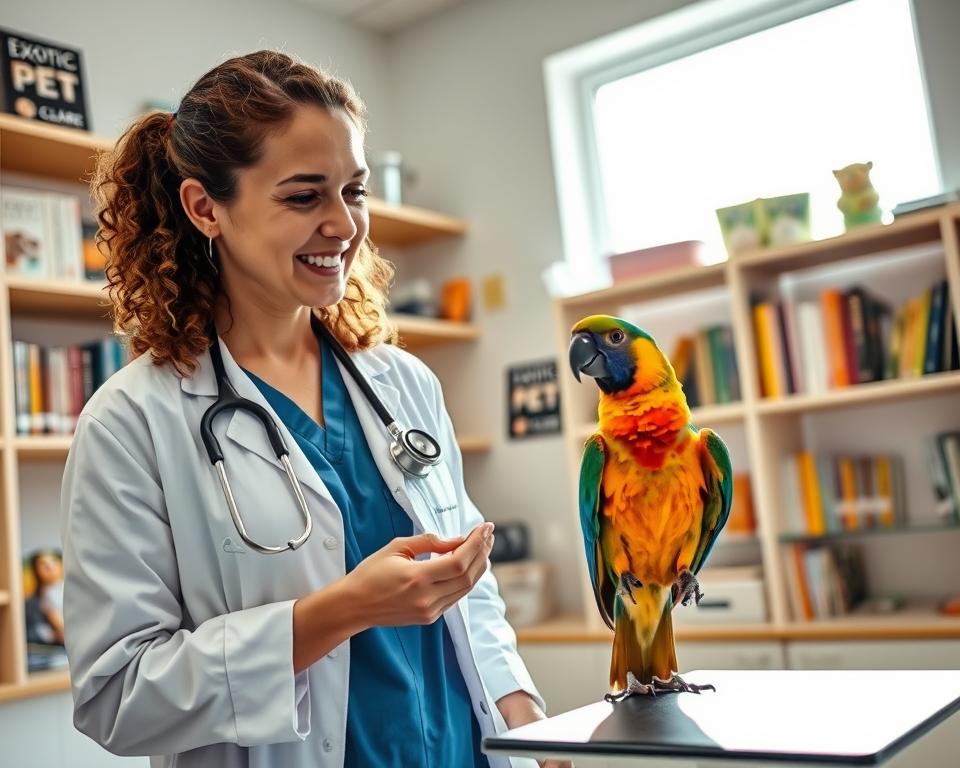 A knowledgeable exotic veterinarian, a woman in a white lab coat and blue scrubs, is attentively examining a small, colorful parrot perched on an examination table. The veterinarian has shoulder-length curly hair tied back and is wearing a stethoscope around her neck, exuding professionalism and care. In the background, shelves are lined with exotic pet care books and various veterinary tools. Bright, natural light streams through a large window, illuminating the veterinary clinic, creating a welcoming atmosphere. The scene captures the warmth and dedication of the veterinary profession, emphasizing the importance of specialized care for exotic pets. The angle is slightly elevated, focusing on the veterinarian’s interaction with the bird while showcasing the clinic's interior. A knowledgeable exotic veterinarian, a woman in a white lab coat and blue scrubs, is attentively examining a small, colorful parrot perched on an examination table. The veterinarian has shoulder-length curly hair tied back and is wearing a stethoscope around her neck, exuding professionalism and care. In the background, shelves are lined with exotic pet care books and various veterinary tools. Bright, natural light streams through a large window, illuminating the veterinary clinic, creating a welcoming atmosphere. The scene captures the warmth and dedication of the veterinary profession, emphasizing the importance of specialized care for exotic pets. The angle is slightly elevated, focusing on the veterinarian’s interaction with the bird while showcasing the clinic's interior.