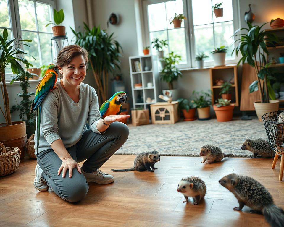 A lively indoor setting showcasing the socialization of exotic pets, centered on a diverse group of small animals such as a colorful parrot, a playful ferret, and a curious hedgehog. In the foreground, a person in modest casual clothing kneels with a gentle smile, extending their hand to the parrot perched on a nearby branch, emphasizing a bond of trust. The middle ground features a playful interaction between the ferret and the hedgehog, creating a scene of harmony and curiosity. The background has soft, warm lighting filtering through large windows, illuminating potted plants and various pet accessories, enhancing the inviting atmosphere of socialization. A wide-angle lens captures the intimate scene, creating a sense of warmth and connection.