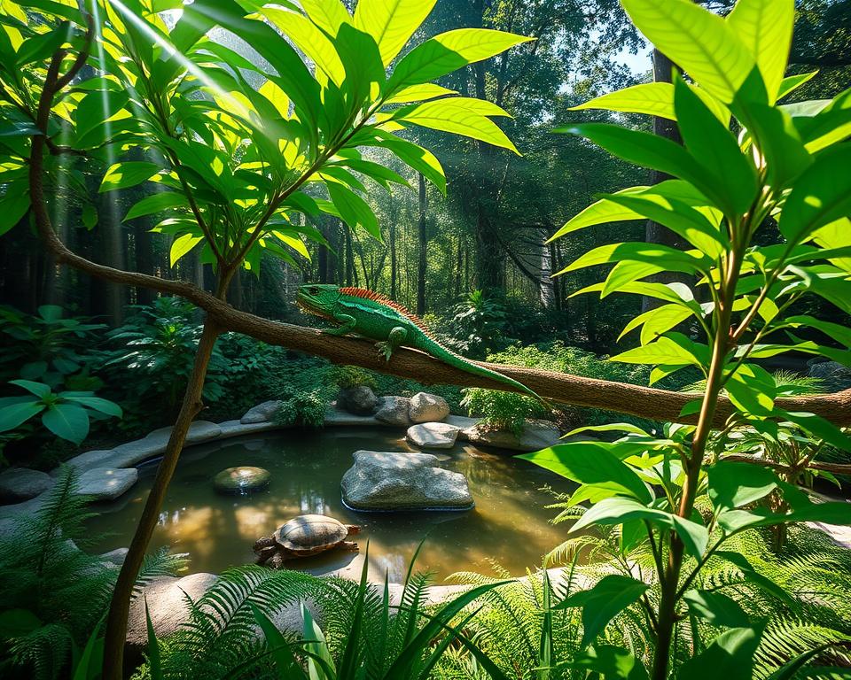 A lush, thriving reptile habitat, showcasing a harmonious ecosystem vital for reptile health. In the foreground, a vibrant emerald green tree with broad leaves serves as a basking spot for a colorful chameleon, its scales reflecting sunlight. The middle ground features a small pond with clear water, surrounded by stones and ferns, where a basking turtle can be seen. The background showcases a dense, shaded forest, with beams of sunlight filtering through the trees, creating a warm and inviting atmosphere. The scene is well-lit with natural sunlight, enhancing the richness of colors. The camera angle is slightly elevated, offering a comprehensive view of the habitat, conveying a sense of health and vitality essential for reptile well-being.