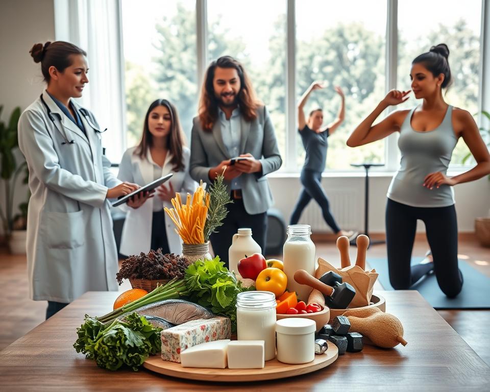 A serene and informative scene illustrating prevention strategies for metabolic bone disease. In the foreground, a diverse group of three professionals, including a healthcare provider in a white coat, a nutritionist with a tablet, and a fitness expert demonstrating exercises, all dressed in professional business attire. The middle ground features a variety of healthy foods like leafy greens, fish, and dairy products symbolizing a balanced diet. A fitness area with exercise equipment, such as weights and yoga mats, promotes physical activity. In the background, a large window reveals a sunny day, highlighting a nature view that emphasizes wellness. Soft, natural lighting fills the space, creating a warm and optimistic atmosphere. The composition is shot at eye level, inviting viewers into this proactive approach to health.