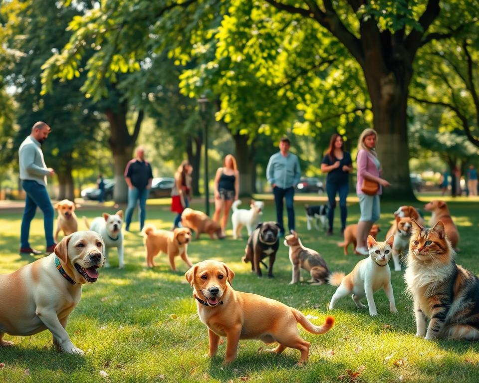 A serene park scene showcasing a diverse array of pets interacting happily. In the foreground, a friendly Labrador Retriever plays with a ginger tabby cat, both displaying relaxed body language. Nearby, a small group of enthusiastic pet owners, dressed in casual attire, engage in positive interaction with their pets. In the middle ground, a variety of dogs and cats socialize, showcasing different breeds like a fluffy Maltese, a keen-eyed Beagle, and a calm Persian cat. Lush green trees and soft grass provide a tranquil backdrop, with dappled sunlight filtering through the leaves, creating warm highlights. A soft, warm atmosphere enhances the sense of comfort and joy, illustrating the importance of socialization in reducing pet stress in a natural, inviting setting. A serene park scene showcasing a diverse array of pets interacting happily. In the foreground, a friendly Labrador Retriever plays with a ginger tabby cat, both displaying relaxed body language. Nearby, a small group of enthusiastic pet owners, dressed in casual attire, engage in positive interaction with their pets. In the middle ground, a variety of dogs and cats socialize, showcasing different breeds like a fluffy Maltese, a keen-eyed Beagle, and a calm Persian cat. Lush green trees and soft grass provide a tranquil backdrop, with dappled sunlight filtering through the leaves, creating warm highlights. A soft, warm atmosphere enhances the sense of comfort and joy, illustrating the importance of socialization in reducing pet stress in a natural, inviting setting.
