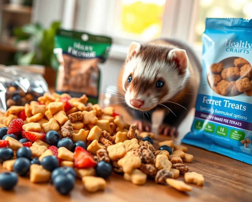 A vibrant and appealing display of healthy ferret treats arranged on a wooden table. In the foreground, a variety of colorful, nutritious snacks are featured, including small pieces of fresh fruits like blueberries and strawberries, and specially formulated ferret treats made from high-quality meats and grains. The middle ground shows a playful ferret curiously sniffing at the treats, its fur a mix of rich browns and whites, with bright, expressive eyes. In the background, soft, natural sunlight filters through a nearby window, casting a warm glow on the scene. The composition evokes a cheerful and inviting atmosphere, highlighting the importance of healthy options in a ferret's diet. The angle is slightly elevated, providing a clear view of the treats and the playful ferret interacting with them.