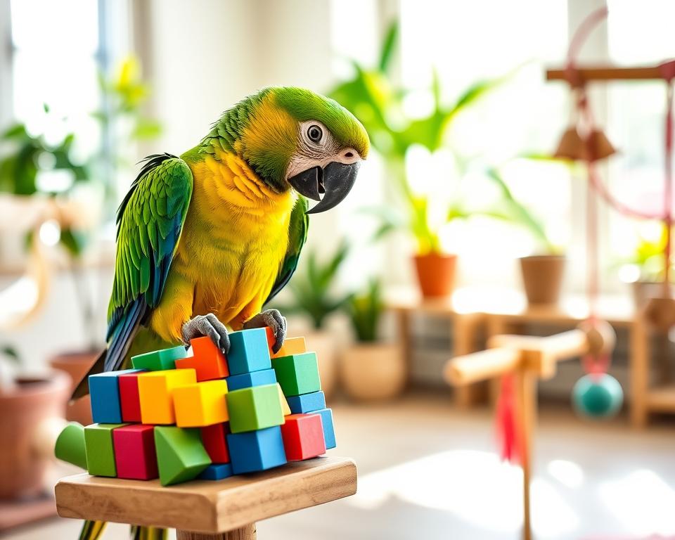 A vibrant and colorful parrot engaged in a puzzle toy, its feathers a brilliant mix of greens, blues, and yellows. In the foreground, the parrot is perched on a wooden stand, using its beak to manipulate colorful blocks in the toy, showcasing its intelligence and curiosity. The middle ground features a bright, sunlit room with indoor plants and natural light streaming through a window, creating a warm and inviting atmosphere. In the background, soft blurred outlines of additional stimulating toys—like bells and ropes—suggest an environment rich in mental challenges for the parrot. The scene captures a sense of playfulness and activity, emphasizing the importance of mental stimulation for birds. A vibrant and colorful parrot engaged in a puzzle toy, its feathers a brilliant mix of greens, blues, and yellows. In the foreground, the parrot is perched on a wooden stand, using its beak to manipulate colorful blocks in the toy, showcasing its intelligence and curiosity. The middle ground features a bright, sunlit room with indoor plants and natural light streaming through a window, creating a warm and inviting atmosphere. In the background, soft blurred outlines of additional stimulating toys—like bells and ropes—suggest an environment rich in mental challenges for the parrot. The scene captures a sense of playfulness and activity, emphasizing the importance of mental stimulation for birds.