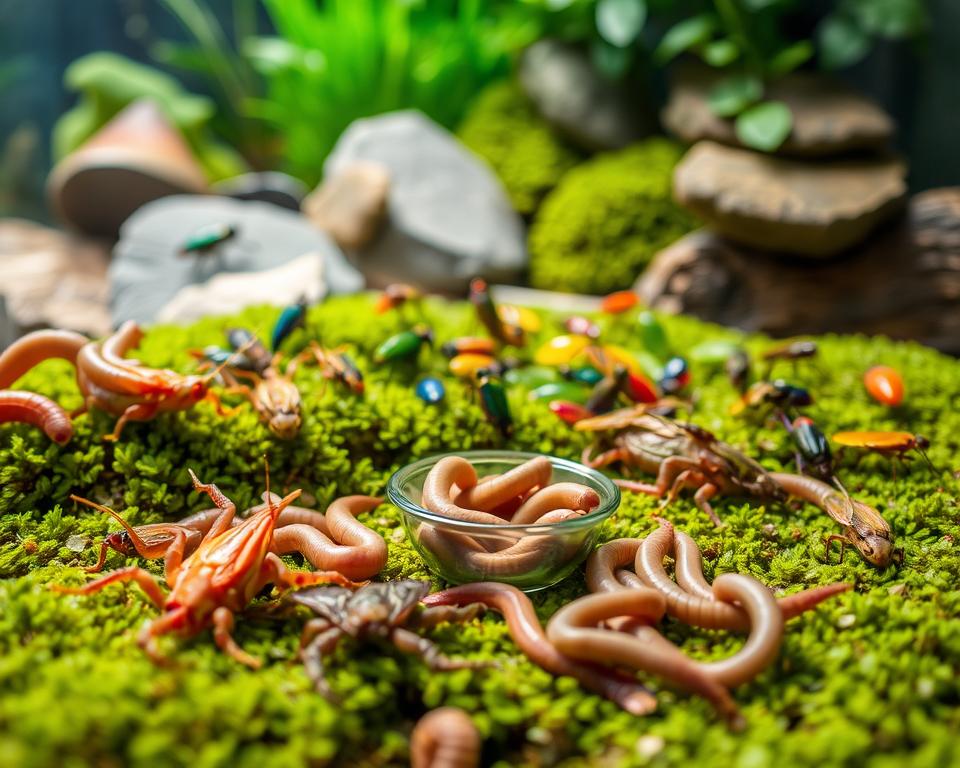 A vibrant and detailed composition showcasing various live food options for reptiles in a naturalistic setting. In the foreground, fresh crickets and mealworms are artfully arranged on a mossy surface, with a small dish to represent feeding. The middle ground features an array of seasonal insects and colorful fruit flies, emphasizing the idea of seasonal availability. In the background, a lush terrarium habitat is visible, with greenery and carefully placed stones, creating a warm and inviting atmosphere. Soft, natural lighting highlights the textures of the live food, while a shallow depth of field draws focus to the foreground. The overall mood is informative yet lively, reflecting the diversity and seasonal considerations of reptile diets.