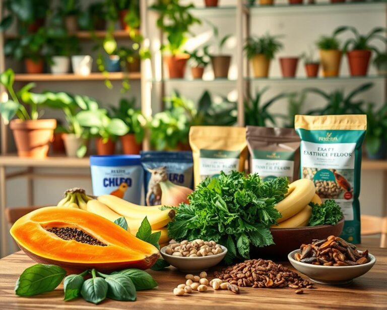 A vibrant and exotic pet diet scene featuring a variety of nutritious foods spread out on a wooden table. In the foreground, a colorful bowl filled with fresh fruits like papaya, mango, and bananas, surrounded by leafy greens such as kale and basil. Next to it, a small dish holds assorted nuts and seeds. In the middle ground, an array of exotic pet food - specialized pellets and dried insects, presented in elegant containers. In the background, softly lit shelves filled with potted plants and herbs, evoking a lush atmosphere. The lighting is warm and natural, casting gentle shadows. The composition invites curiosity, reflecting the importance of nutrition for exotic pets in a serene, engaging setting.