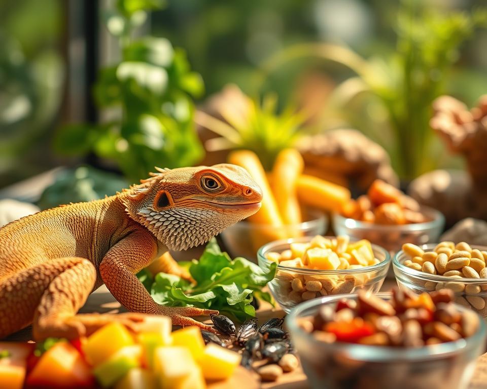 A vibrant composition showcasing the diet of a bearded dragon, with a close-up view of a bearded dragon in the foreground, interacting with a variety of fresh foods such as leafy greens, diced fruits, and live insects. In the middle ground, include neatly arranged bowls of store-bought pet food, emphasizing the contrast between fresh and commercial options. The background features a naturalistic terrarium setting with soft, warm lighting, creating a cozy atmosphere. Use a shallow depth of field to focus on the bearded dragon and the food, while blurring the terrarium’s details slightly. The mood should be enriched with the warmth of a sunny day, conveying health and vitality.