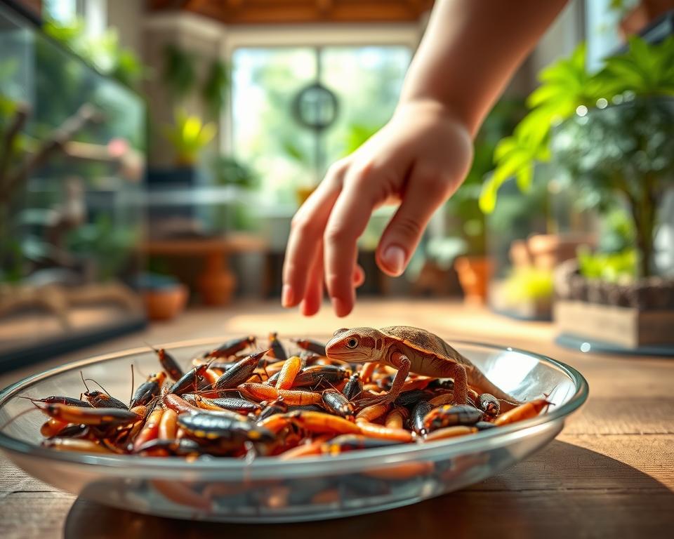 A vibrant, detailed scene focusing on live insects suitable for baby reptiles, including small crickets, mealworms, and fruit flies. In the foreground, a clear shallow dish filled with the insects showcases their textures and colors—iridescent wings of crickets, the glossy bodies of mealworms. The middle ground features a gentle hand, perhaps of a child or caregiver, carefully guiding a baby reptile, such as a small gecko or turtle, towards the dish, emphasizing the interaction. The background is softly blurred, depicting a cozy, well-lit room filled with reptile enclosures and lush greenery, creating an inviting environment. Natural lighting enhances the scene, casting soft shadows and creating a warm, nurturing atmosphere. The angle should focus on the dish and the reptile, capturing a moment of curiosity and care.