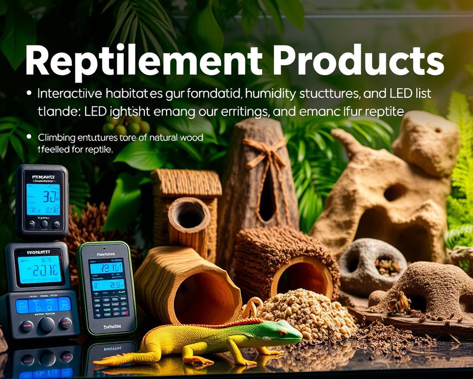 A vibrant display of reptile enrichment products, showcasing a variety of innovative items designed to enhance a pet reptile's environment. In the foreground, a high-tech habitat setup with interactive thermometers, humidity gauges, and LED light systems tailored for reptiles. In the middle, diverse enrichment tools like climbing structures made of natural wood, textured hides, and feeding stations filled with live insects. The background features a naturalistic terrarium setting with lush greenery and artificial rocks, creating a sense of depth. The lighting is warm and inviting, simulating natural sunlight filtering through leaves, highlighting the products' colors and textures. The mood is lively and engaging, emphasizing the importance of utilizing technology to enrich reptiles' lives.