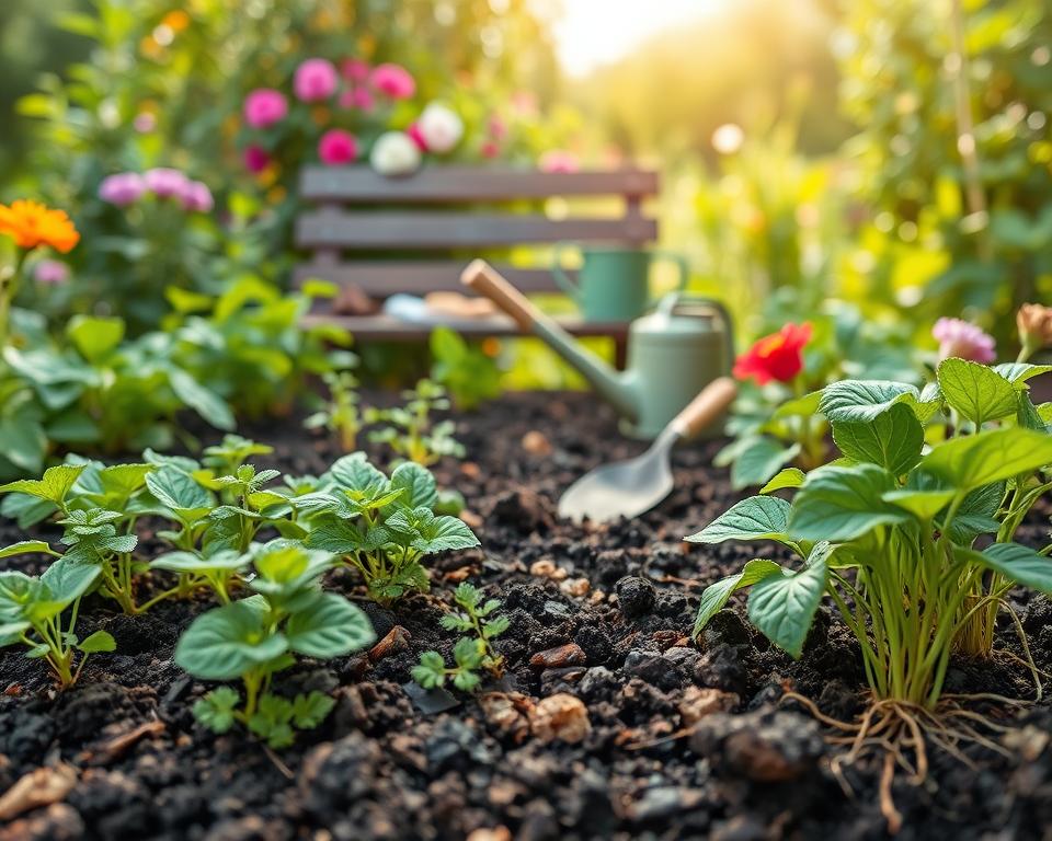 A vibrant home garden featuring a bioactive substrate, emphasizing rich, dark soil interspersed with lively microorganisms and organic matter, creating a thriving environment for plants. In the foreground, showcase a variety of healthy plants, including herbs and flowering vegetables, with visible root systems intertwined with the bioactive substrate. In the middle, include garden tools like a trowel and watering can, sitting on a wooden garden bench, inviting an atmosphere of care and cultivation. The background should display a sunlit garden with a soft-focus effect, enhancing the lush greenery and colorful blooms. Use natural lighting to create a warm, inviting atmosphere, capturing the essence of a healthy, productive garden. The angle should be slightly elevated to provide a comprehensive view of this flourishing ecosystem.