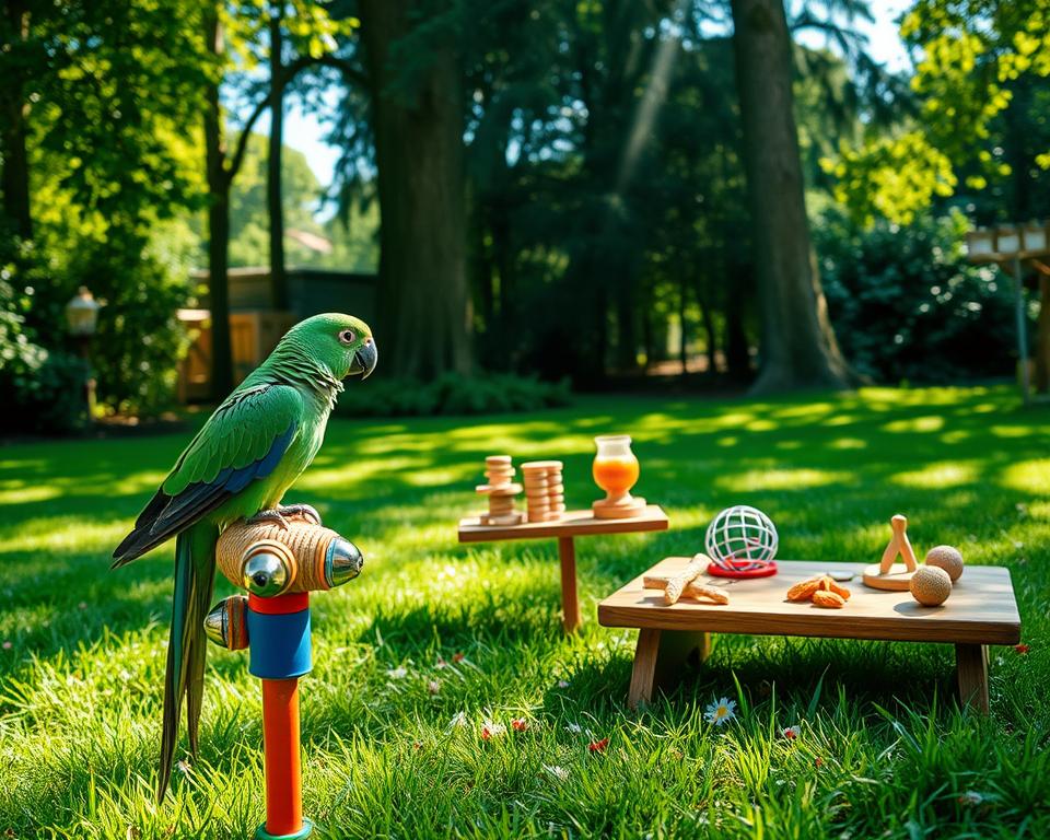 A vibrant scene showcasing a parrot engaged in outdoor mental stimulation activities in a lush garden. In the foreground, the parrot, adorned in bright green and blue feathers, is perched on a colorful wooden play gym with various toys like bells and mirrors. In the middle of the image, a small table features an array of foraging puzzles and natural treats scattered around, enticing the parrot. In the background, dappled sunlight filters through tall trees, casting playful shadows on the grass, creating a warm and inviting atmosphere. The scene captures a sense of joy and engagement, encouraging interaction and exploration, highlighting the importance of mental stimulation for pet parrots. The lighting is soft and natural, evoking a peaceful and lively day outdoors. A vibrant scene showcasing a parrot engaged in outdoor mental stimulation activities in a lush garden. In the foreground, the parrot, adorned in bright green and blue feathers, is perched on a colorful wooden play gym with various toys like bells and mirrors. In the middle of the image, a small table features an array of foraging puzzles and natural treats scattered around, enticing the parrot. In the background, dappled sunlight filters through tall trees, casting playful shadows on the grass, creating a warm and inviting atmosphere. The scene captures a sense of joy and engagement, encouraging interaction and exploration, highlighting the importance of mental stimulation for pet parrots. The lighting is soft and natural, evoking a peaceful and lively day outdoors.
