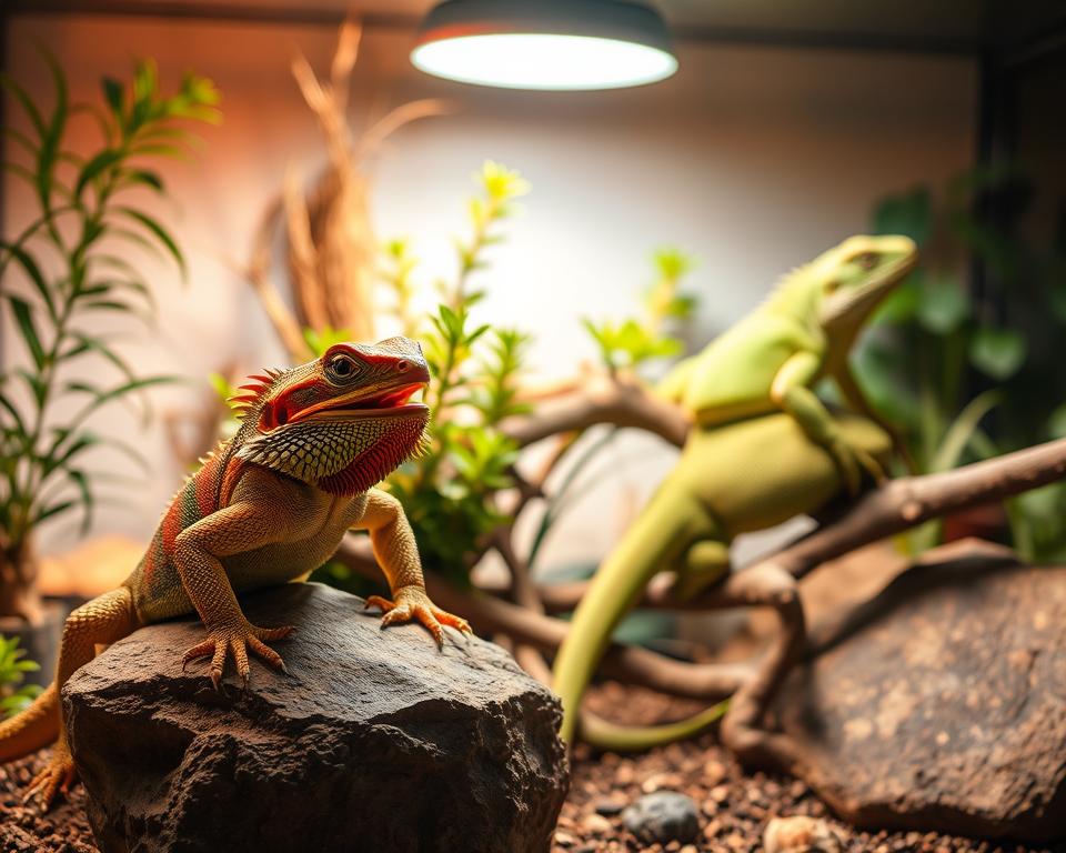 A vibrant terrarium scene showcasing healthy reptiles basking under bright UVB lighting. In the foreground, a colorful bearded dragon perched on a basking rock, displaying active behavior with its mouth open slightly, indicating a relaxed and alert state. In the middle, a lush arrangement of plants and branches, creating a naturalistic habitat, while a green iguana lazily drapes over a branch, enjoying the warmth. The background features the UVB light source, casting a gentle glow over the entire scene with warm tones. Soft shadows play across the environment, enhancing the bright atmosphere of the space. The image captures the lively interaction of these reptiles with their well-lit environment, illustrating the importance of UVB for optimal behavior and health.