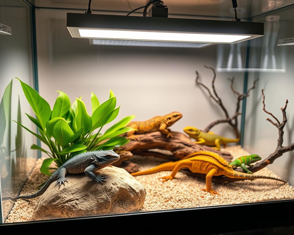 A well-arranged UVB lighting setup for reptiles inside a modern terrarium. In the foreground, a basking rock under a UVB lamp emits a soft glow, illuminating a vibrant green plant nearby. The middle ground features various reptiles, like a bearded dragon and a green anole, basking under the UVB light, showcasing their natural colors and patterns. The background includes a clean terrarium with a sand substrate and decorative branches. Bright yet balanced lighting highlights the importance of UVB without causing glare, mimicking a natural environment. The overall atmosphere is calm and inviting, ideal for promoting the health of reptiles. The perspective is a slightly angled top-down view, capturing the intricate details of the setup.