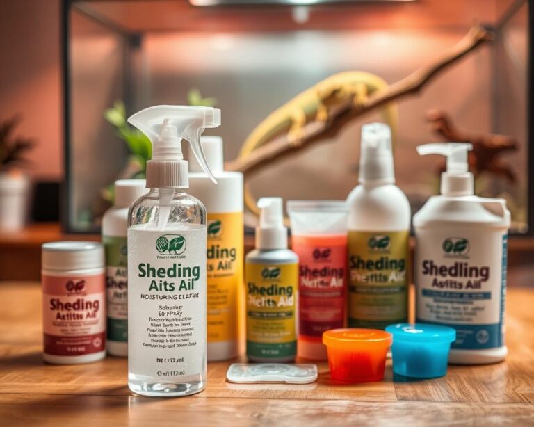 A well-organized display of various reptile shedding aid products, including moisturizing sprays, shedding assist gels, and humidity-enhancing terrarium devices, arranged attractively on a wooden table. In the foreground, a close-up view shows a bottle of shedding spray, with droplets glistening, while in the middle ground, shedding aid gels of different colors provide a vibrant contrast. The background features a softly illuminated terrarium, showcasing a healthy reptile comfortably coiled on a branch. Warm, diffused lighting creates a calm and inviting atmosphere, highlighting the textures of the products and the natural environment. The composition should have a slight depth of field, keeping the focus on the shedding aids while providing a sense of context with the terrarium.